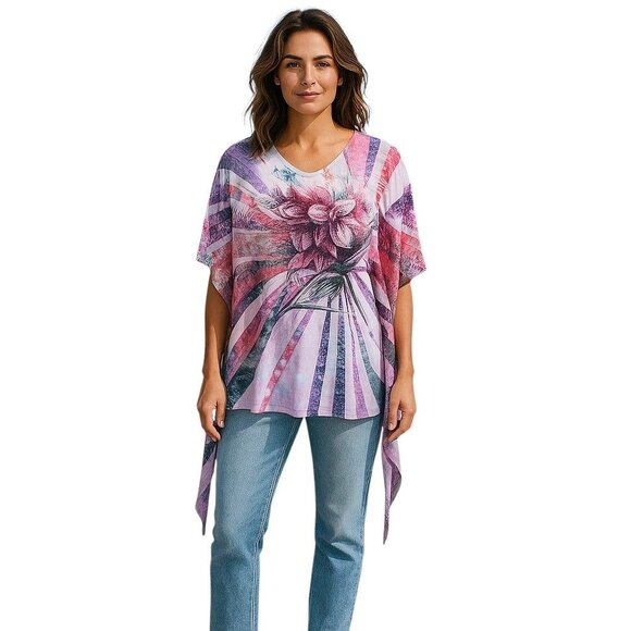 India Boutique Floral Poncho Top Sheer Boho Festival Summer Artsy SZ L/XL - Picture 5 of 11